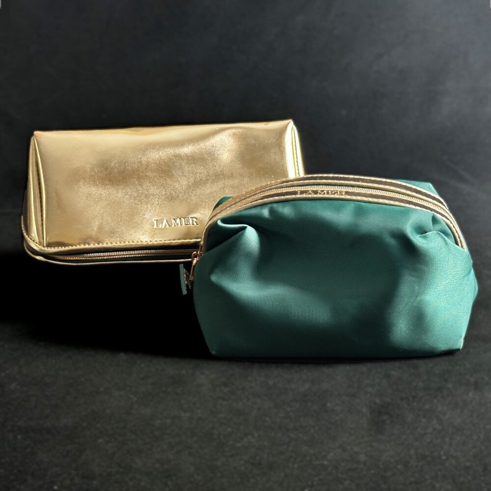 Lot of 2 La Mer Makeup Bags: 1 Metallic Gold & 1 Green